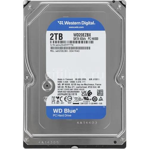 Жесткий диск WD Blue WD20EZBX, 2ТБ, HDD, SATA III, 3.5"