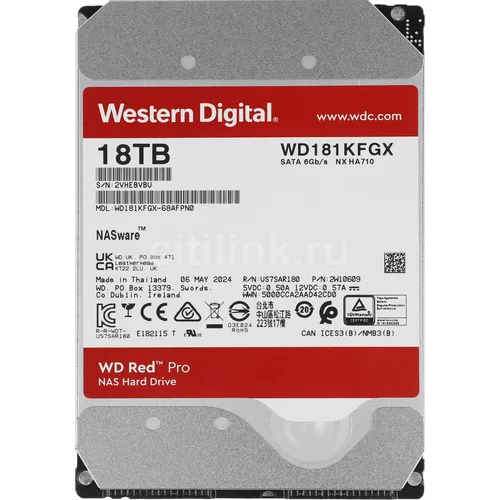 Жесткий диск WD Red Pro WD181KFGX, 18ТБ, HDD, SATA III, 3.5"