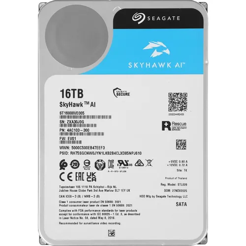 Жесткий диск Seagate SkyHawkAI ST16000VE005, 16ТБ, HDD, SATA III, 3.5"