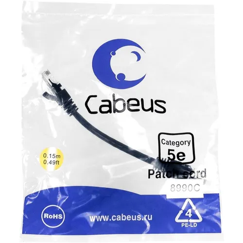 Патч-корд CABEUS PC-UTP-RJ45-Cat.5e-0.15m-BK-LSZH, вилка RJ-45, вилка RJ-45, кат.5E, LSZH, 0.15м, черный