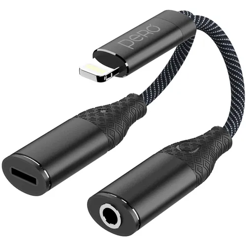Адаптер PERO AD12, Lightning (m) - Lightning (f)/Jack 3.5 (f), 0.1м, черный