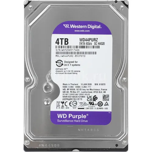 Жесткий диск WD Purple WD44PURZ, 4ТБ, HDD, SATA III, 3.5"