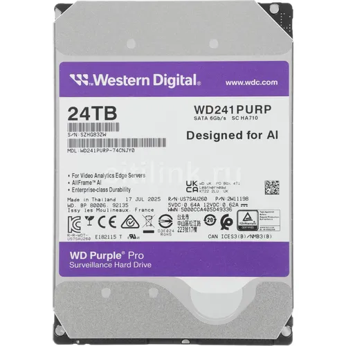 Жесткий диск WD Purple Pro WD241PURP, 24ТБ, HDD, SATA III, 3.5"