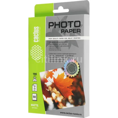 Фотобумага Cactus CS-MA619050, A6, для струйной печати, 50л, 190г/м2, белый, покрытие матовое