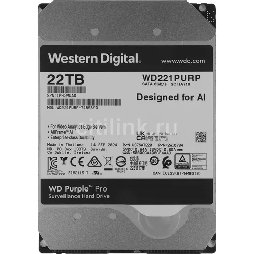 Жесткий диск WD Purple Pro WD221PURP, 22ТБ, HDD, SATA III, 3.5"