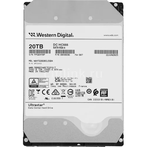 Жесткий диск WD Ultrastar DC HC555 WUH722020CLE604, 20ТБ, HDD, SATA III, 3.5" [0b48696]