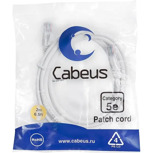 Патч-корд CABEUS вилка RJ-45, вилка RJ-45, кат.5E, ПВХ, 2м, белый [pc-utp-rj45-cat.5e-2m-wh]