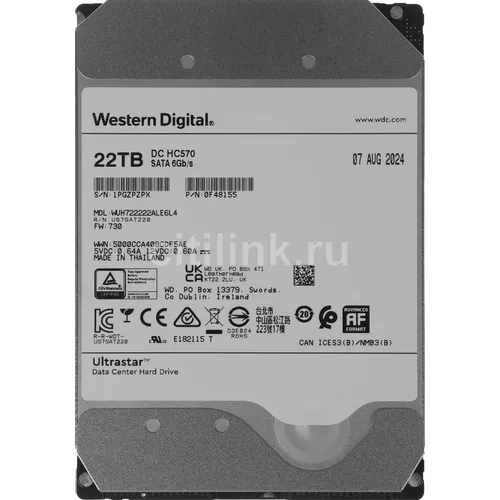 Жесткий диск WD Ultrastar DC HC570 WUH722222ALE6L4, 22ТБ, HDD, SATA III, 3.5" [0f48155]