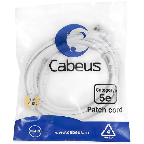 Патч-корд CABEUS вилка RJ-45, вилка RJ-45, кат.5E, LSZH, 3м, белый [pc-utp-rj45-cat.5e-3m-wh-lszh]