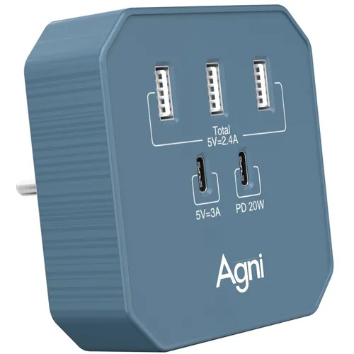 Сетевое зарядное устройство AGNI TP-WB2U3E, 3xUSB-A, 2xUSB-C, 20Вт, 3A, голубой [tp-wb2u3e-blue]