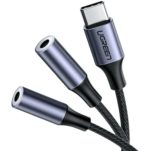 Кабель-переходник акустический UGREEN AV144, 2xJack 3.5 (f) - USB Type-C (f), 0.2м, серебристый [30732]