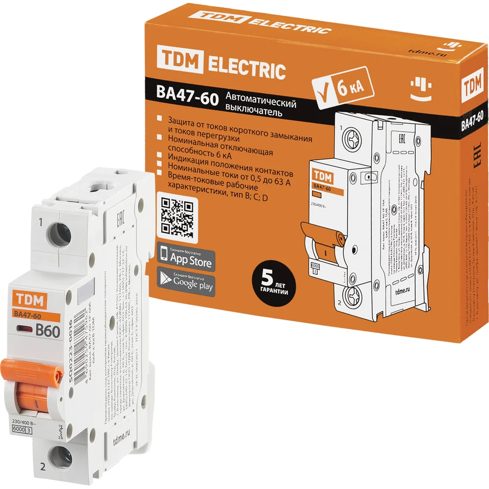 Автоматический выключатель TDM ELECTRIC ВА47-60 1Р, 63А, 6кА, характеристика В SQ0223-0016