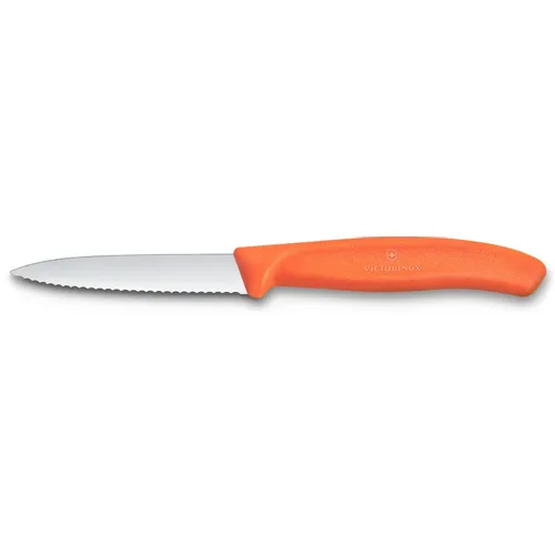 Нож кухонный Victorinox Swiss Classic, универсальный, для чистки овощей и фруктов, 80мм, заточка серрейтор, стальной, оранжевый [6.7639.c1]