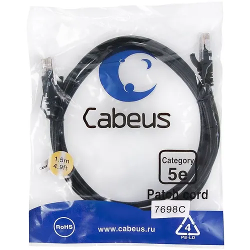 Патч-корд CABEUS вилка RJ-45, вилка RJ-45, кат.5E, ПВХ, 1.5м, черный [pc-utp-rj45-cat.5e-1.5m-bk]