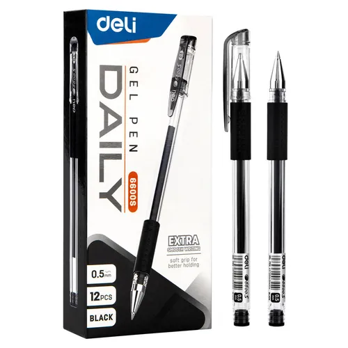 Упаковка ручек гелевых Deli Daily E6600SBlack корп.прозрачный d=0.5мм чернила черный резин. манжета 12 шт./кор.