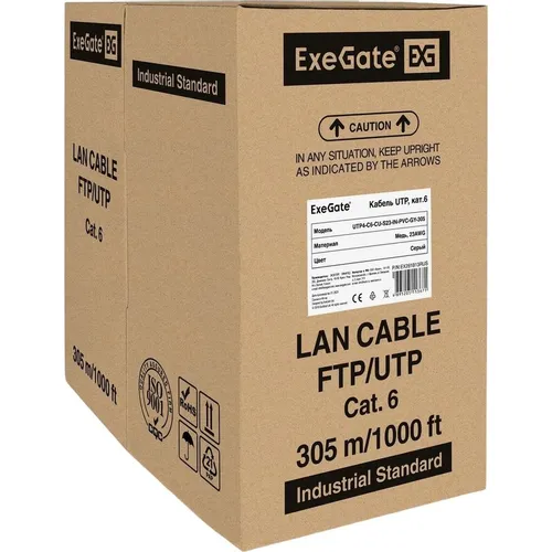 Кабель EXEGATE UTP4-C6-CU-S23-IN-PVC-GY-305-FLUKE UTP UTP, кат.6, 305м, 4 пары, 23AWG, медь, одножильный, серый