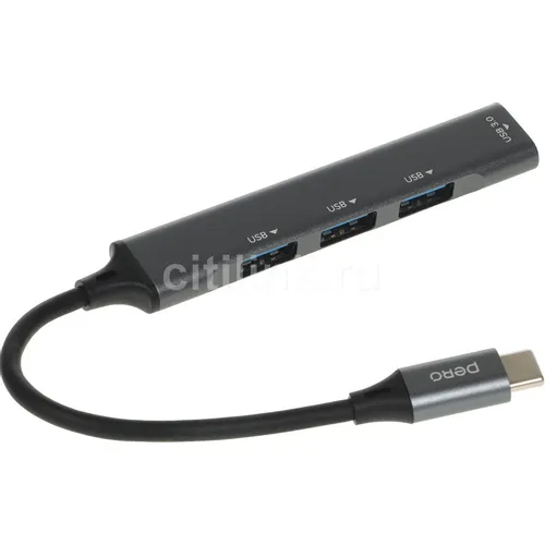 Адаптер PERO MH02, USB Type-C (m) - USB-A (f)/3хUSB-A (f), 0.19м, серый