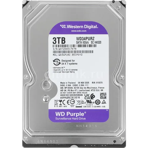 Жесткий диск WD Purple WD34PURZ, 3ТБ, HDD, SATA III, 3.5"