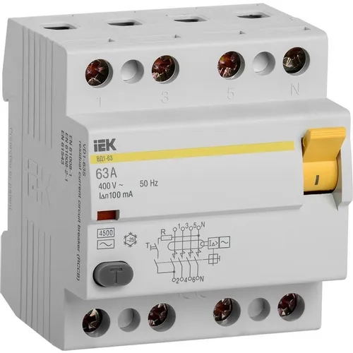 Выключатель дифф. тока (УЗО) IEK ВД1-63 (MDV10-4-063-100) 63A 4 400В 4 модуля белый (упак.:1шт)