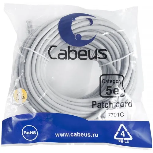 Патч-корд CABEUS вилка RJ-45, вилка RJ-45, кат.5E, ПВХ, 20м, серый [pc-utp-rj45-cat.5e-20m]