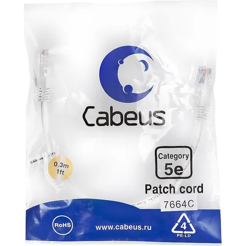 Патч-корд CABEUS PC-UTP-RJ45-Cat.5e-0.3m-WH-LSZH, вилка RJ-45, вилка RJ-45, кат.5E, LSZH, 0.3м, белый