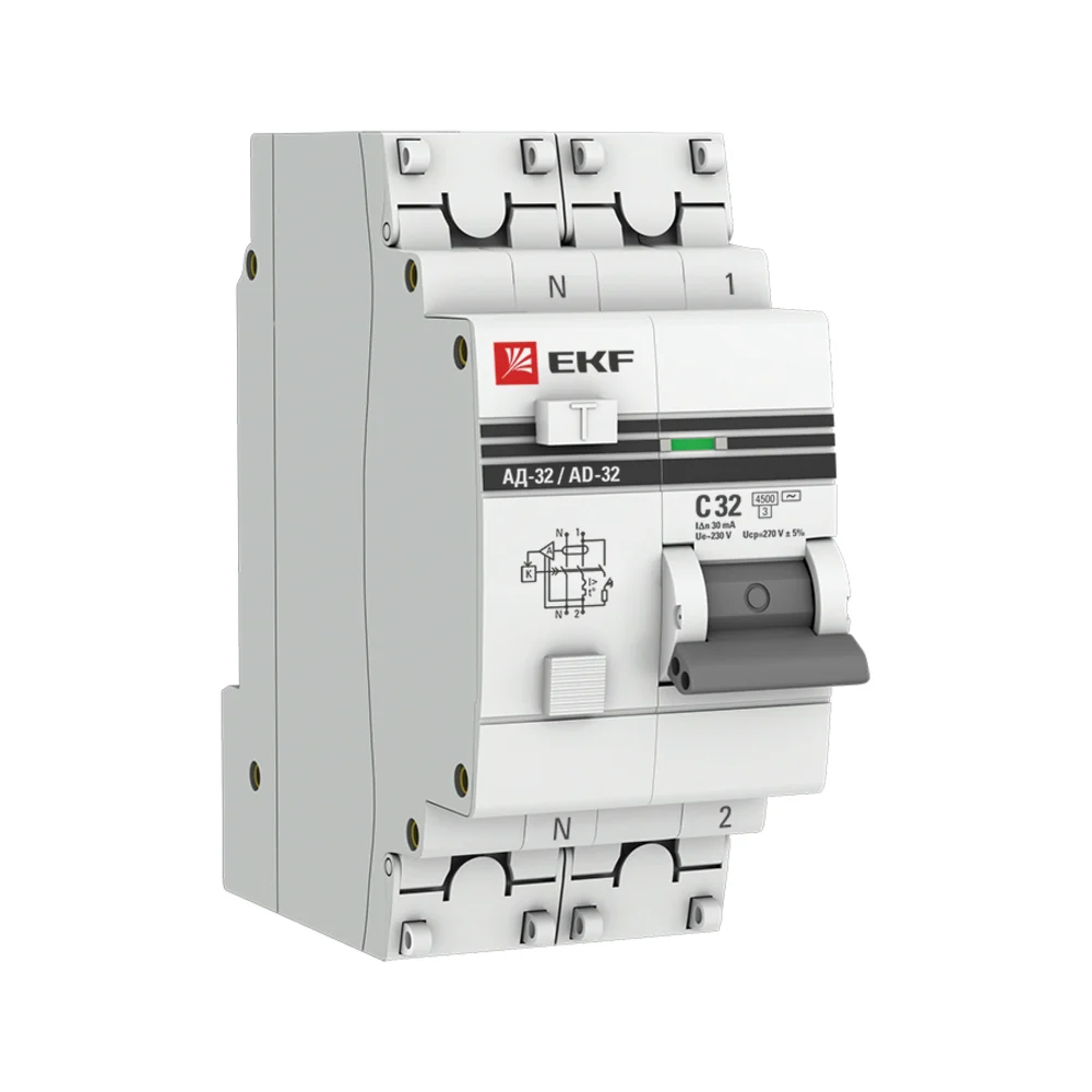 Дифавтомат EKF АД-32 PROxima 1п+N 2мод. C 32A 30mA AC 3kA DA32-32-30-pro 303880