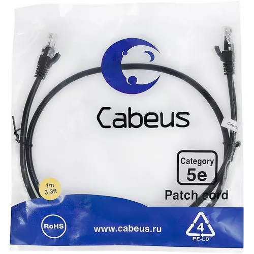 Патч-корд CABEUS вилка RJ-45, вилка RJ-45, кат.5E, LSZH, 1м, черный [pc-utp-rj45-cat.5e-1m-bk-lszh]