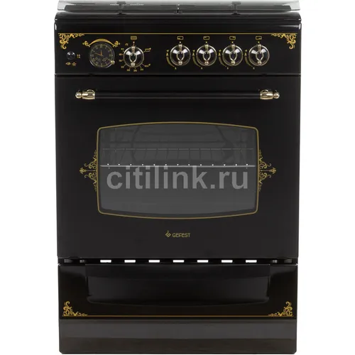 Газовая плита GEFEST ПГ 6100-03 0179, газовая духовка, стеклянная крышка, чугун, черный и рисунок "ретро"