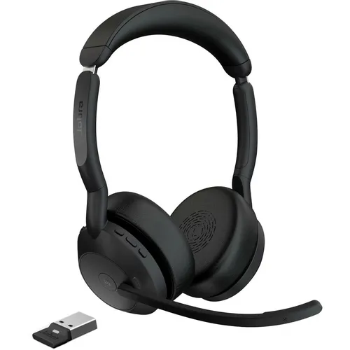 Гарнитура Jabra Evolve2 55 Link380а MS Stereo Stand, для компьютера/мобильных устройств, накладные, беспроводные/Bluetooth/USB, черный [25599-999-989]