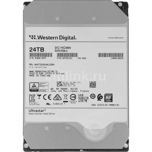 Жесткий диск WD Ultrastar DC HC580 WUH722424ALE604, 24ТБ, HDD, SATA III, 3.5" [0f65101/0f62821/0f62819]