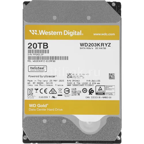 Жесткий диск WD Gold WD203KRYZ, 20ТБ, HDD, SATA III, 3.5"