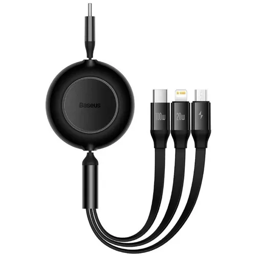 Кабель BASEUS CAMJ010201, USB Type-C (m) - Lightning (m)/USB Type-C (m)/micro USB (m), 1.1м, плоский, 3.5A, черный