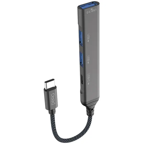 Адаптер PERO MH03, USB Type-C (m) - USB-A (f)/2хUSB-A (f)/USB Type-C (f), 0.19м, серый