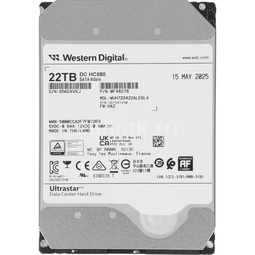 Жесткий диск WD Ultrastar DC HC580 WUH722422ALE6L4, 22ТБ, HDD, SATA III, 3.5" [0f48278/0f62785]
