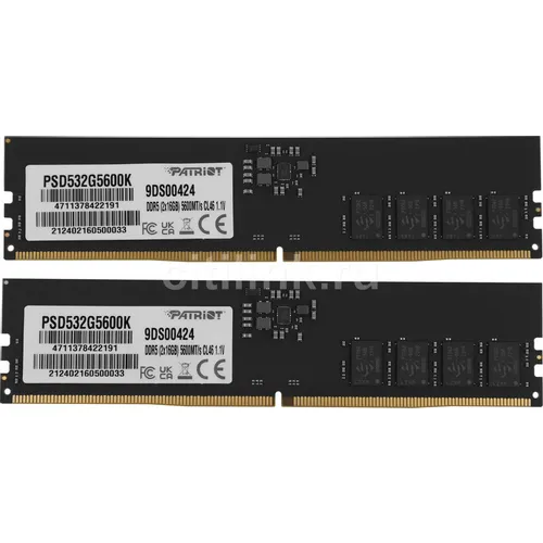 Оперативная память Patriot Signature PSD532G5600K DDR5 - 2x 16ГБ 5600МГц, DIMM, Ret