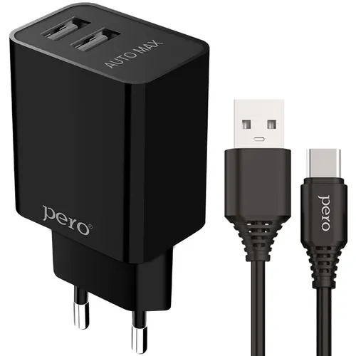 Сетевое зарядное устройство PERO ТС02, 2xUSB-A, USB-C, 10.5Вт, 2.1A, черный [тс02bl2at]