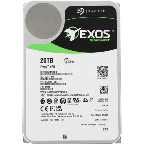 Жесткий диск Seagate Exos X20 ST20000NM002D, 20ТБ, HDD, SAS 3.0, 3.5"