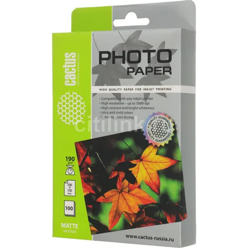 Фотобумага Cactus CS-MA6190100, A6, для струйной печати, 100л, 190г/м2, белый, покрытие матовое