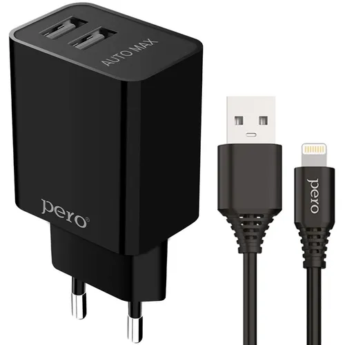 Сетевое зарядное устройство PERO TC02, 2xUSB-A, 8-pin Lightning, 10.5Вт, 2.1A, черный [тс02bl2al]