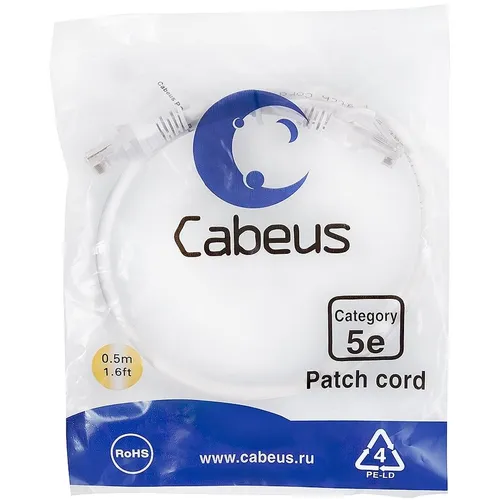 Патч-корд CABEUS вилка RJ-45, вилка RJ-45, кат.5E, ПВХ, 0.5м, белый [pc-utp-rj45-cat.5e-0.5m-wh]