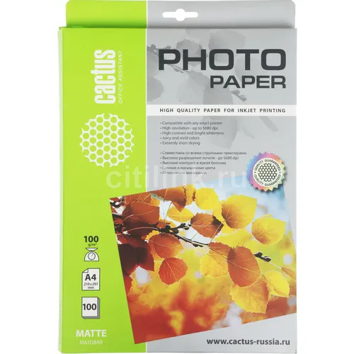 Фотобумага Cactus CS-MA4100100, A4, для струйной печати, 100л, 100г/м2, белый, покрытие матовое