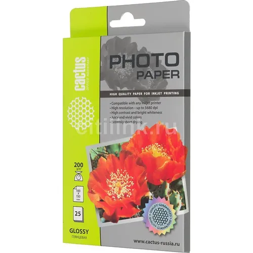 Фотобумага Cactus CS-GA620025, A6, для струйной печати, 25л, 200г/м2, белый, покрытие глянцевое