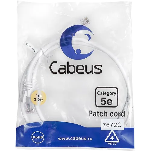 Патч-корд CABEUS вилка RJ-45, вилка RJ-45, кат.5E, ПВХ, 1м, белый [pc-utp-rj45-cat.5e-1m-wh]