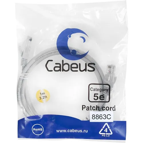 Патч-корд CABEUS вилка RJ-45, вилка RJ-45, кат.5E, LSZH, 1м, серый [pc-utp-rj45-cat.5e-1m-lszh]