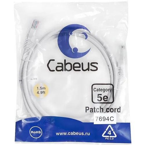 Патч-корд CABEUS вилка RJ-45, вилка RJ-45, кат.5E, ПВХ, 1.5м, белый [pc-utp-rj45-cat.5e-1.5m-wh]