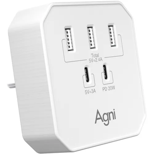 Сетевое зарядное устройство AGNI TP-WB2U3E, 3xUSB-A, 2xUSB-C, 20Вт, 3A, белый [tp-wb2u3e-white]