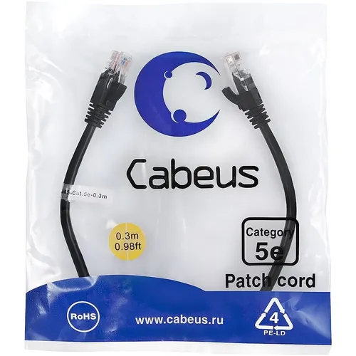 Патч-корд CABEUS PC-UTP-RJ45-Cat.5e-0.3m-BK-LSZH, вилка RJ-45, вилка RJ-45, кат.5E, LSZH, 0.3м, черный