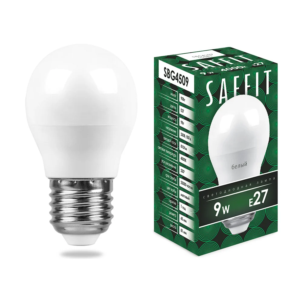 Светодиодная лампа SAFFIT SBG4509 9W 230V E27 4000K 55083