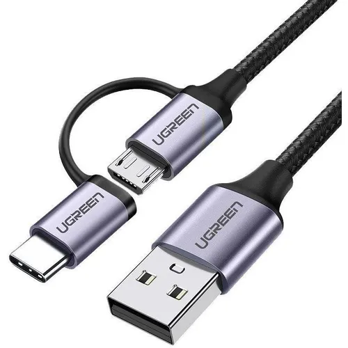 Кабель UGREEN US177, USB Type-C (m)/micro USB (m) - USB (m), 1м, 3A, черный [30875]