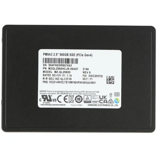 960ГБ Серверный SSD накопитель Samsung MZQL2960HCJR-00A07 PCIe 4.0 x4, 2.5", TLC, TBW - 1752ТБ, DWPD - 1